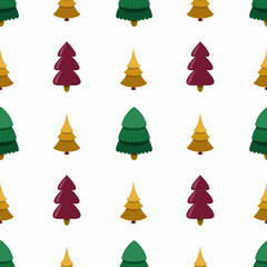 Obraz premium Vector seamless pattern with 3d effect Christmas trees in green, red and yellow colors on white background.Simple modern design for New year celebration,textile,wrapping paper,prints,fabrics,clothes