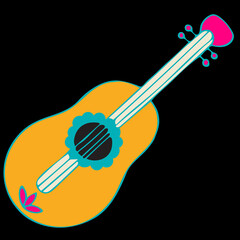 Colorful Hand Drawn Doodle Guitar Isolated on Black Background.