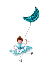 Ballerina with balloon. Drawn watercolor illustration. Nursery art. Doll with balloon. Perfect for your design purposes. Good for interior decoration, invitations, cards, once, packaging and more.