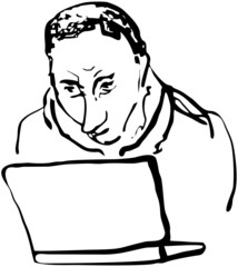 A man who is trying to finish his work on the computer. A comics sketch