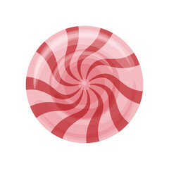 Round candy. Bright red and pink spiral candy. The sweetness of dragees. Colored sweet caramel in cartoon style. Vector illustration isolated on a white background