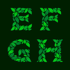 Letters E, F, G, H made of green leaves. Stock vector illustration for your logo design.