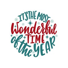 Round Christmas Ornament with hand drawn lettering text. Holiday decoration. Vector illustration isolated.