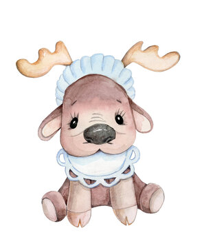 Cute cartoon character - Santa`s polar deer. Watercolor hand drawn illustration, isolated. Perfect for children design and nursery decor.
