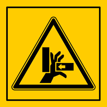 mssn31 MachineSafetySignNew mssn Maschinenkennzeichnung: Niemals in den Quetschgefahrenbereich greifen, solange sich dort Teile bewegen k&ouml;nnen . hand crush / mobile machine part . sticker sign g10821