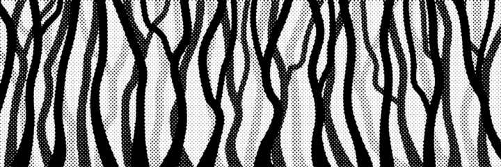 Stylized trees, fading dot effect, black and white vector banner