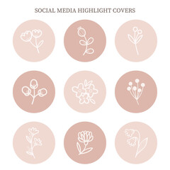 Set of social media highlight cover icons with hand drawn cute flowers and berries.