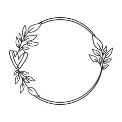 Hand drawn floral wreath with heart and leaves.