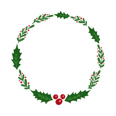Christmas wreath with holly, mistletoe, berries.