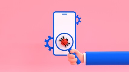 Smartphone bug testing concept. Cartoon human hand holding loupe in front of mobile phone with bug. 3d render illustration.