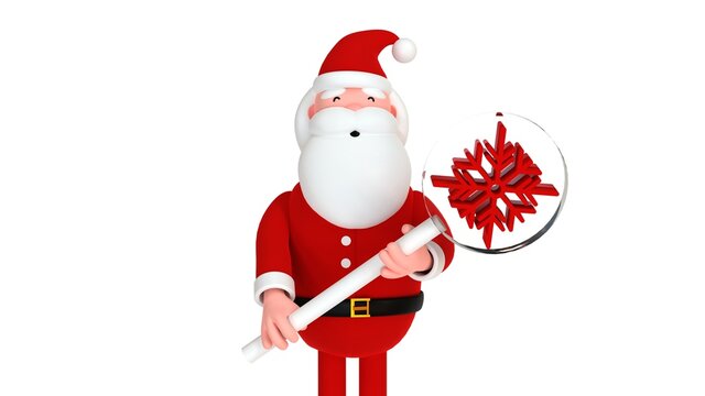 Cartoon Santa Claus with giant lollipop with snowflake icon. Xmas character. 3d render illustration on white background.