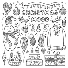 Set of cute hand-drawn Christmas and winter elements isolated on white background.