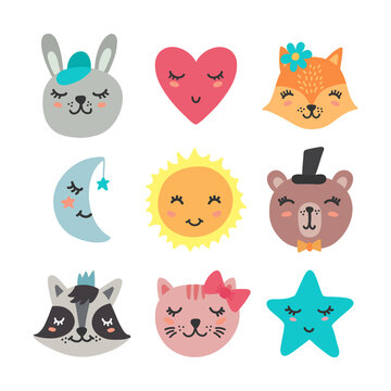 Set of cute cartoon animals and elements