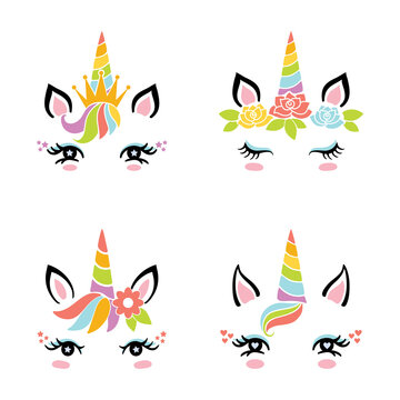 Set of cute funny unicorn face. Vector illustration isolated