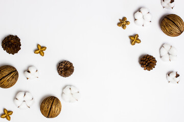 An autumn leaves and flowers on white background