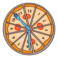 A clock in the form of a pizza. The pizza is divided into 12 parts, it symbolizes delivery time and working time.