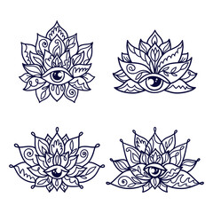 Set of ornamental lotus flower patterns with third eye