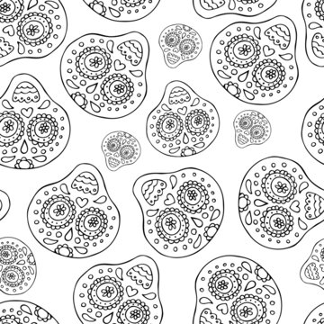 Black and White Seamless Pattern with Traditional Mexican Hand Drawn Skull.