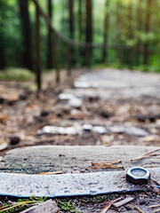 Steel clamp with rusty screw. Wooden footway and staircase  in forest