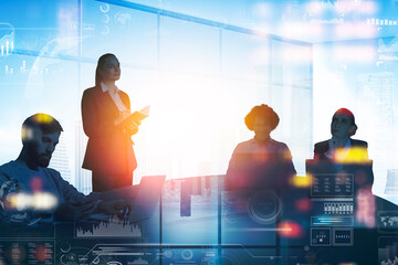 Business people and conference in office room, earth globe with