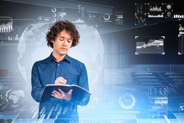 Businessman writing in notebook, earth globe hologram with network icons