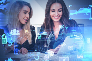 Businesswoman using tablet, network connection and diverse digit