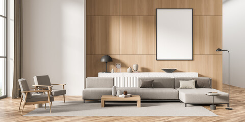 Empty canvas in modern living room with beige furniture