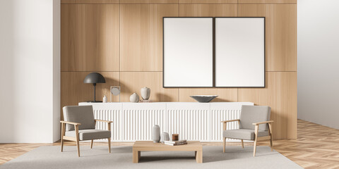 Two canvases on wood wall of living room with beige armchairs