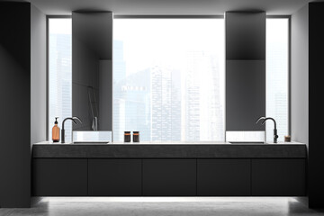 Modern grey bathroom vanity in window niche