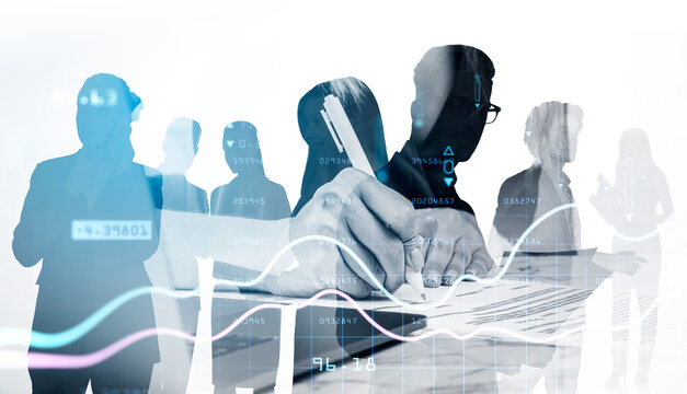 Woman hands sign a contract, partners and market changes with chart and lines