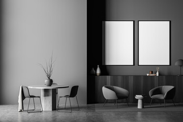 Dark grey living room with two frame mockups in seating area