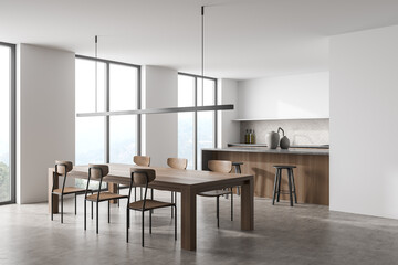 Minimalist white and wood kitchen with linear light. Corner view. - obrazy, fototapety, plakaty