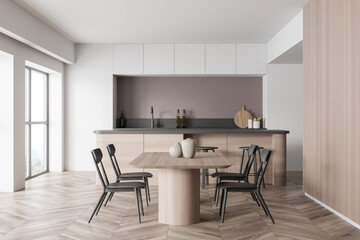 Bright kitchen room interior with four chairs, dining table