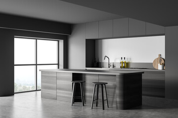 Corner view on dark kitchen room interior with two barstool