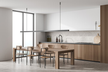 Corner view of minimalist white and wood kitchen with open shelf
