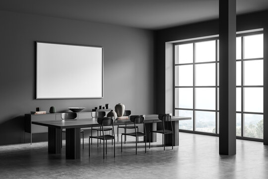 Corner of dark grey dining room with horizontal canvas
