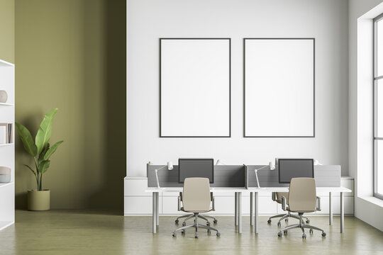 Two canvases on wall in white and olive office