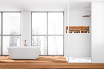 Bright bathroom interior with bathtub, shower, panoramic window