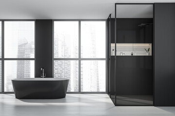 Fototapeta na wymiar Dark bathroom interior with bathtub, shower, panoramic window