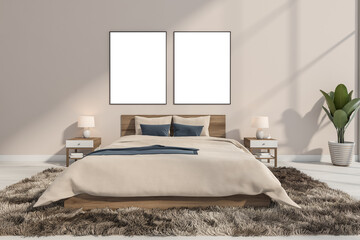 Two empty canvases in beige bedroom with blue details
