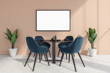 Light dining room interior with furniture and plants, mockup poster