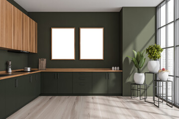 Dark kitchen interior with kitchenware and window, two mock up posters