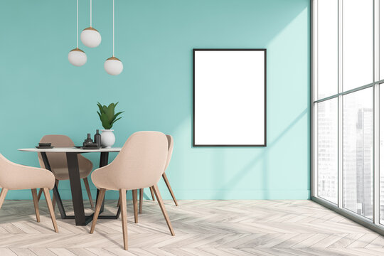 Light blue dining room interior with furniture and window, mockup poster