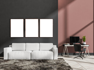 Dark business interior with sofa, workplace with pc and chair. Mockup frames