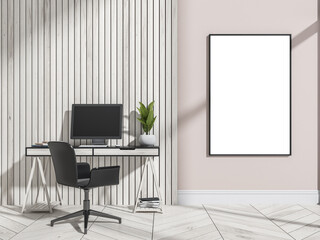 Empty mockup frame on light beige wall and wood home office