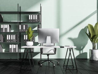 Light green manager office with shelving