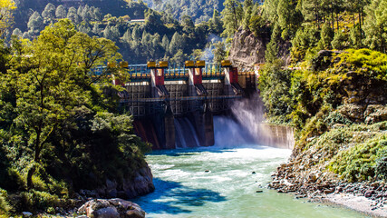 A check dam on the Bhagirathi River located at Maneri near Uttarkashi, Uttarakhand