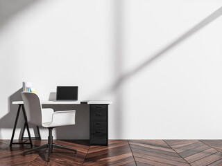White business interior with table and computer on parquet floor. Mockup