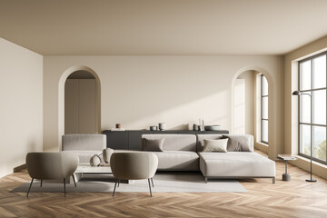 Modern beige living room with arch doorways