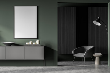 Canvas in grey and green living room with armchair in corridor